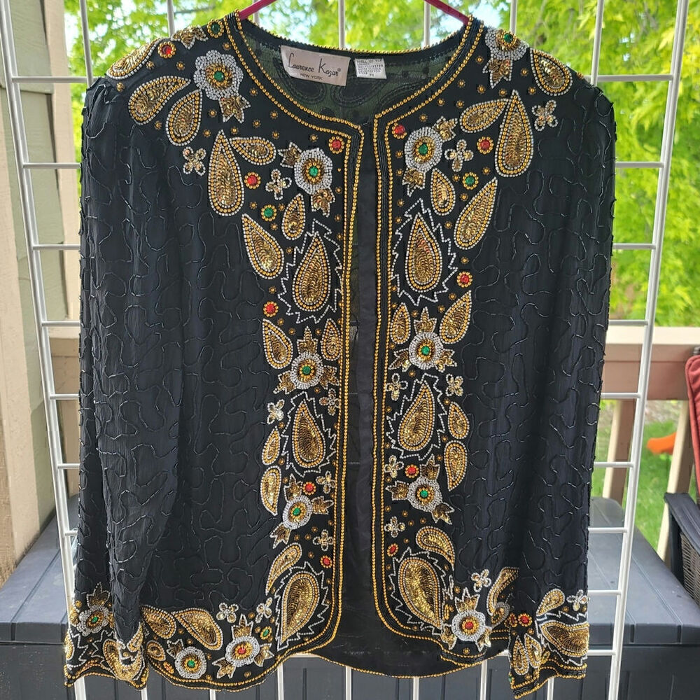 Laurence Kazar Vintage 100% Silk Jeweled Beaded Black Blazer, sz Petite Small
